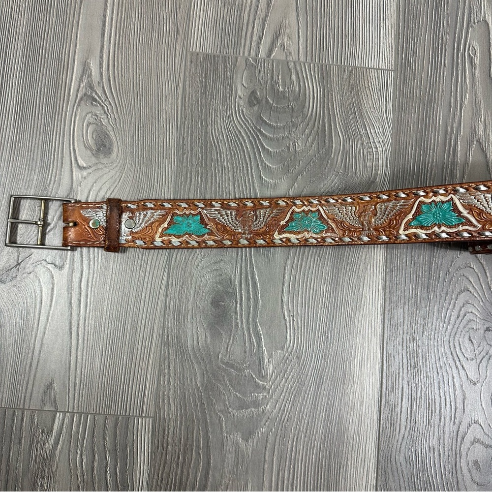 Vintage Brazos Joe Brown Leather Belt with Aqua‎ Floral Pattern Silver Eagles